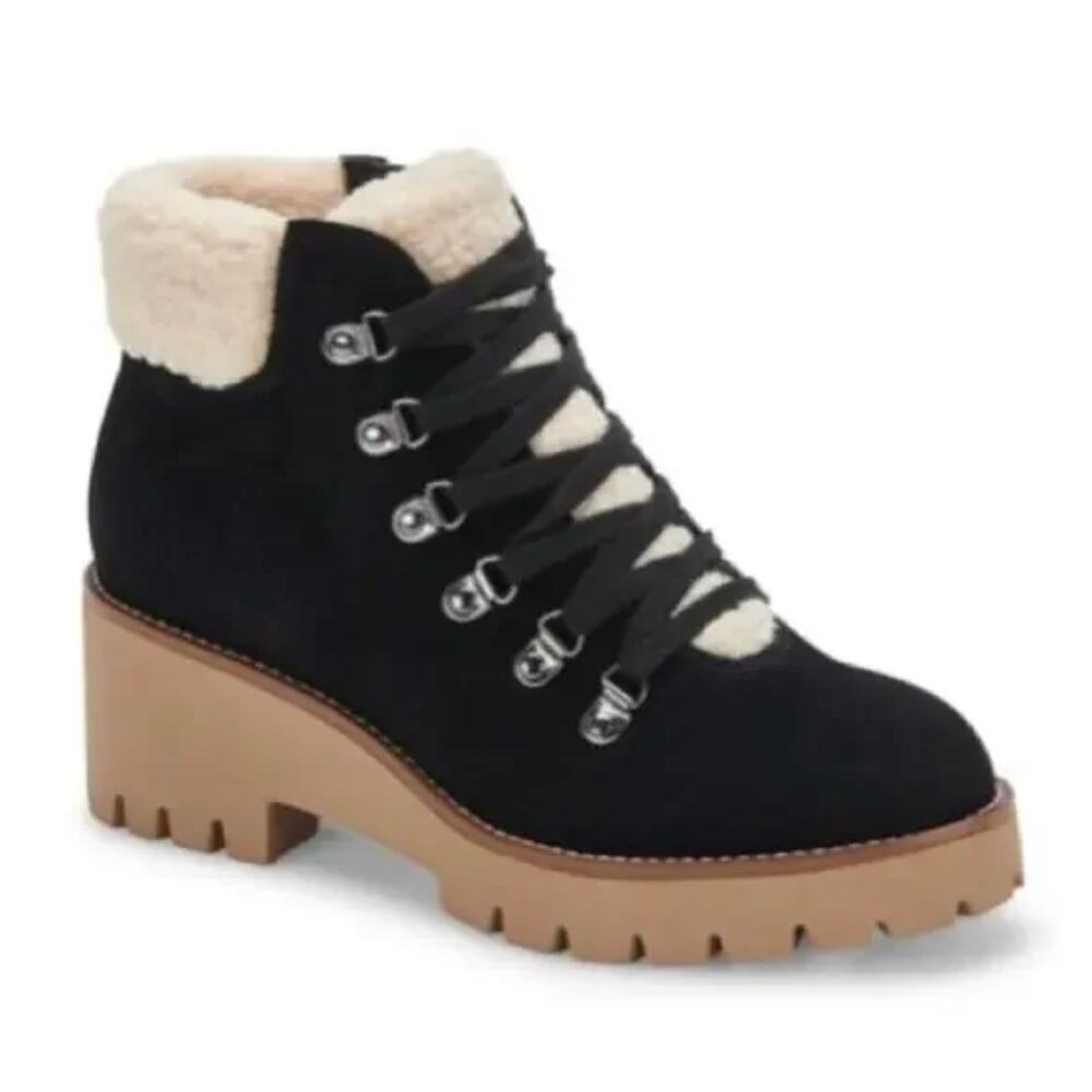 Blondo Devin Lug Sole Bootie Sherpa Lining Black Leather 8.5